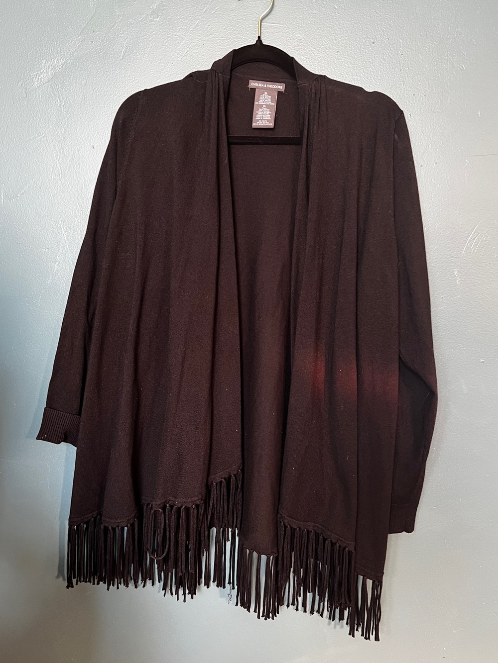 Chelsea & Theodore Black Fringe Cardigan XL Open Front Drape Boho Western